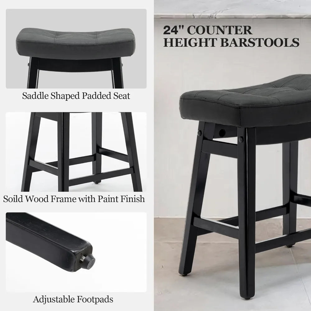 Counter Height Bar Stools Set of 3, Barstools with Upholstered Leather Saddle Seat and Solid Wood Legs 24 Inch Kitchen
