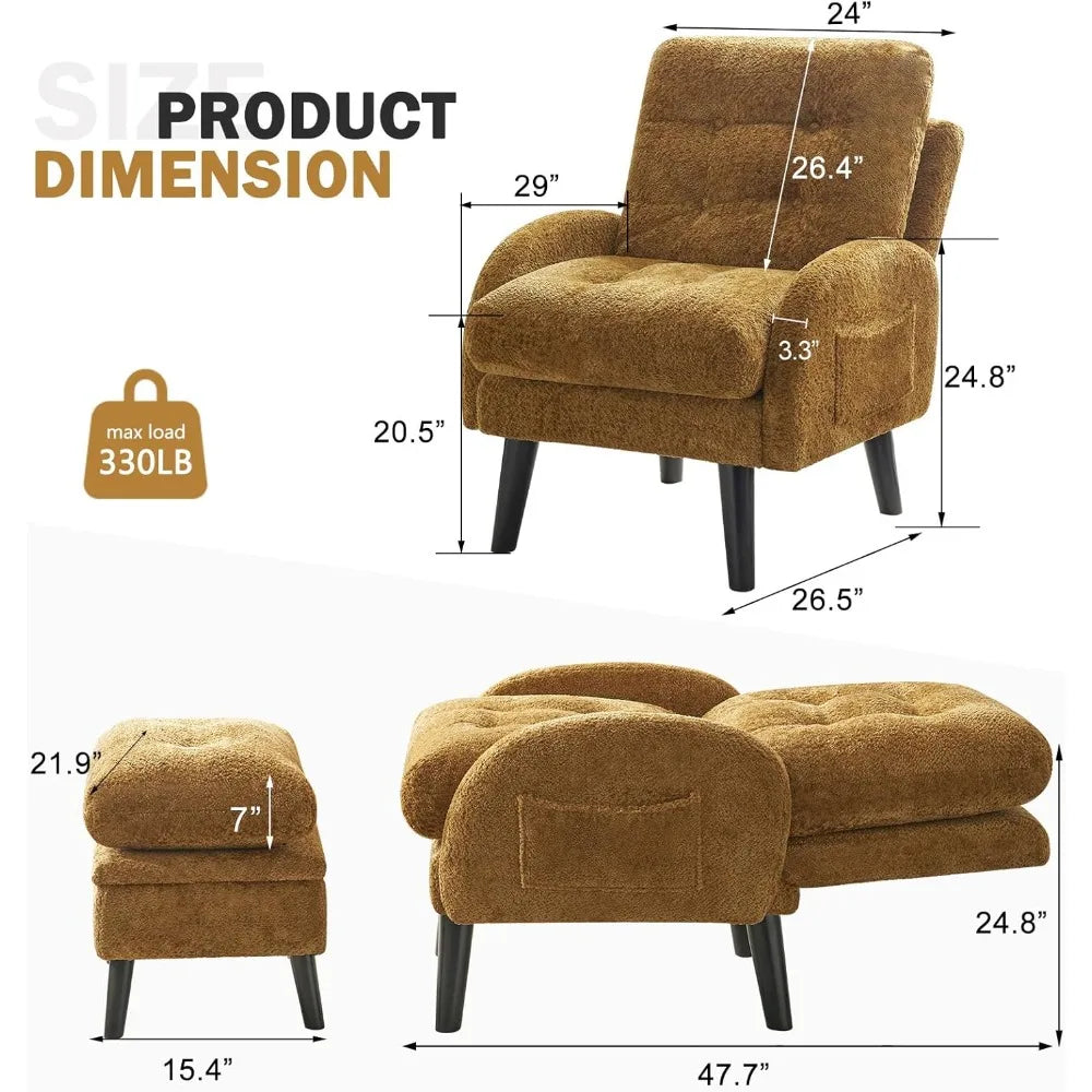 Mustard Yellow Chenille Accent Chair with Ottoman - Reclining Armchair