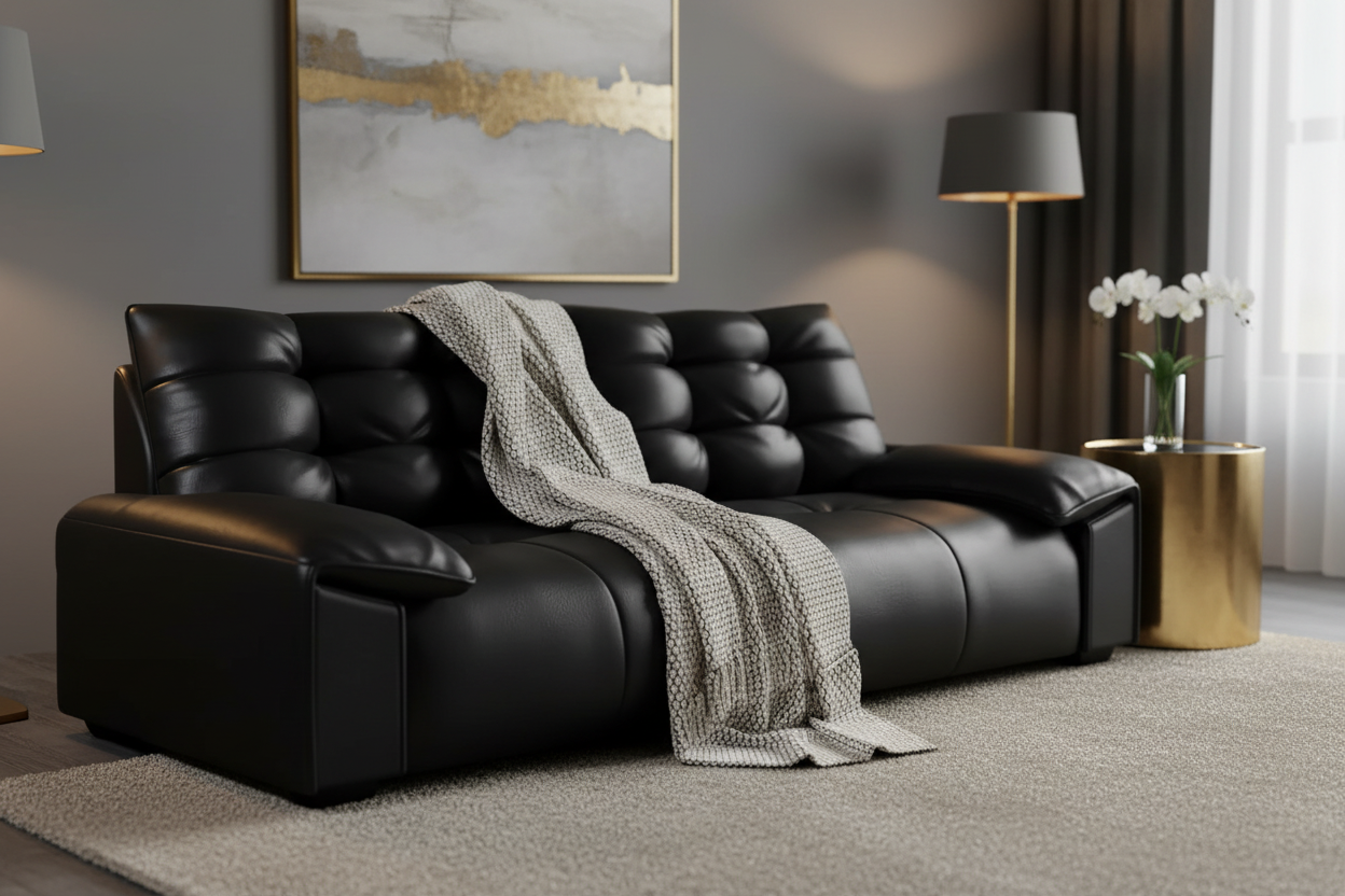 Black leather sofa with accents