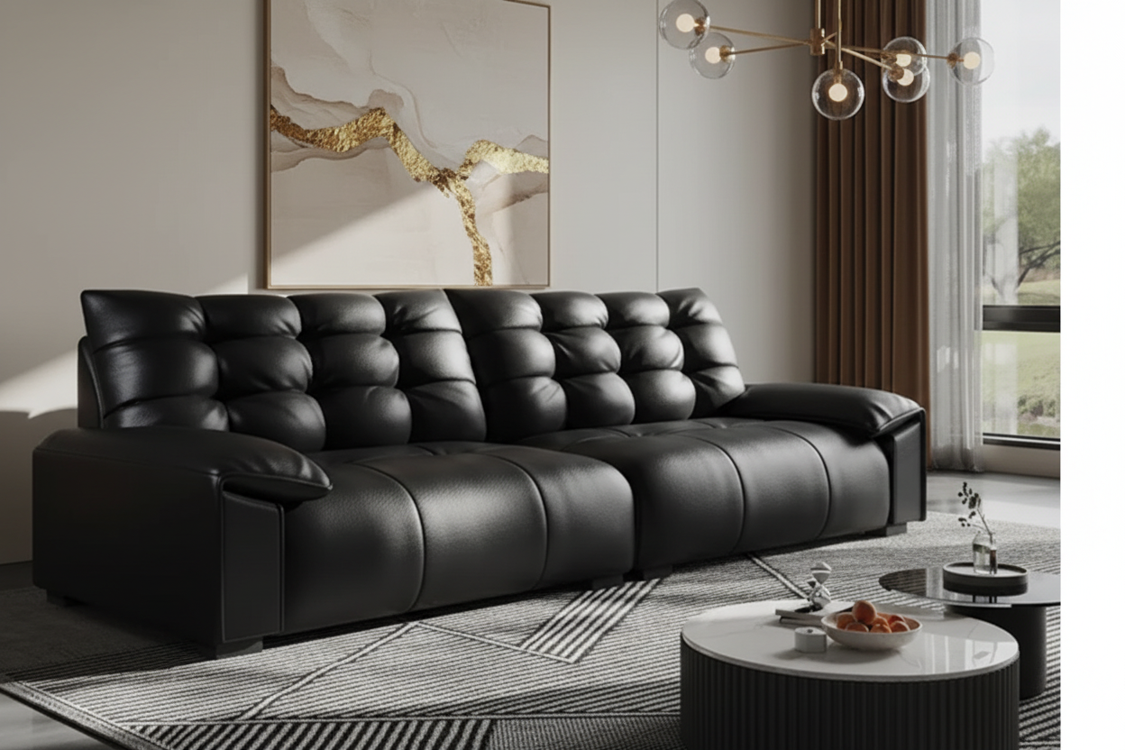 Black leather sofa with neutral art and gold accents