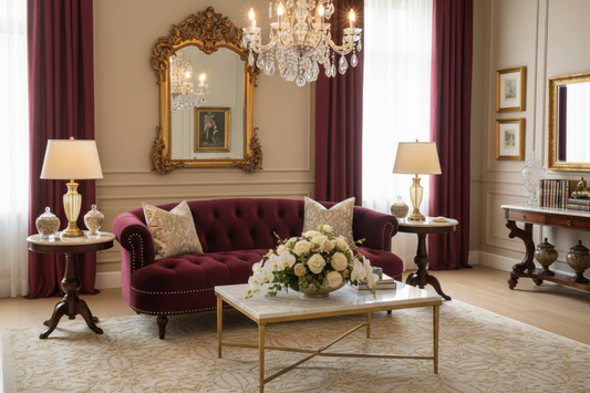 Burgundy Velvet Victorian Chesterfield Sofa Opulent Living Room Lifestyle