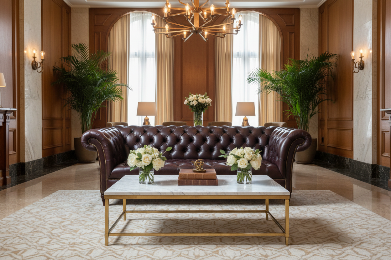 Dark Brown Leather Chesterfield Sofa Hotel Lobby Lifestyle