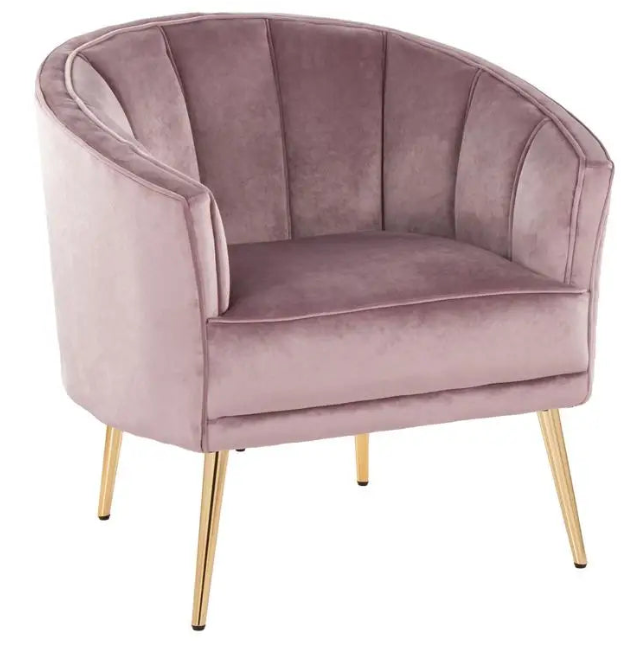 Blush Pink Velvet Accent Chair - Gold Metal Legs - Channel-Tufted Back