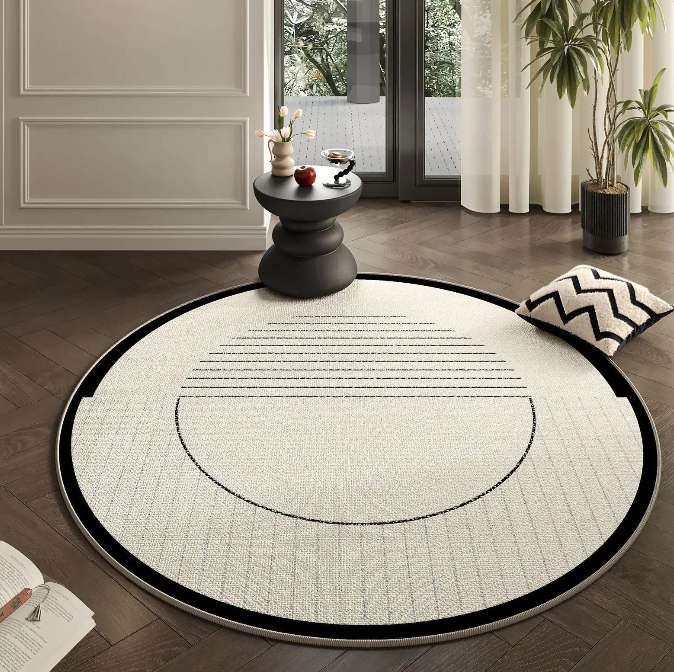 Minimalist Round Rug - Modern Geometric Black Border Carpet