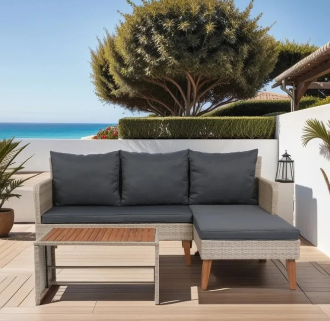 3-Piece Outdoor Patio Sectional Sofa Set - Grey Wicker with Dark Grey Cushions