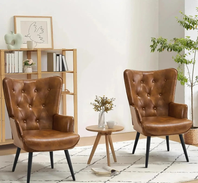 Brown Leather Wingback Accent Chairs - Set of 2 - Tufted Armchairs