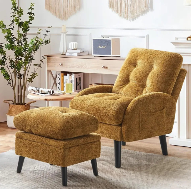 Mustard Yellow Chenille Accent Chair with Ottoman - Reclining Armchair