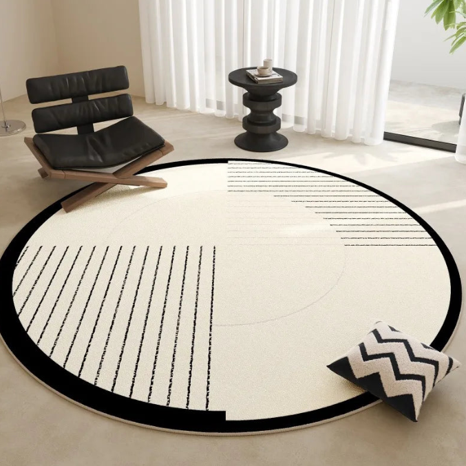 Minimalist Round Rug - Modern Geometric Black Border Carpet