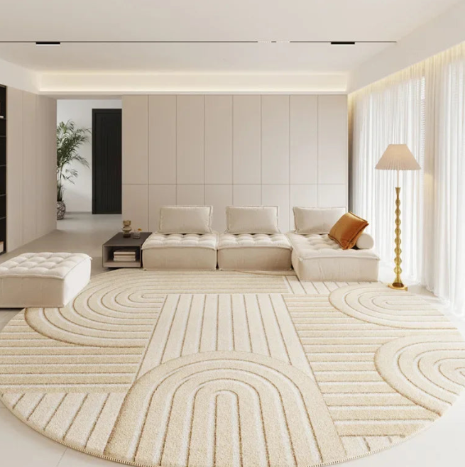 Geometric Round Rug - Modern Textured Living Room Carpet
