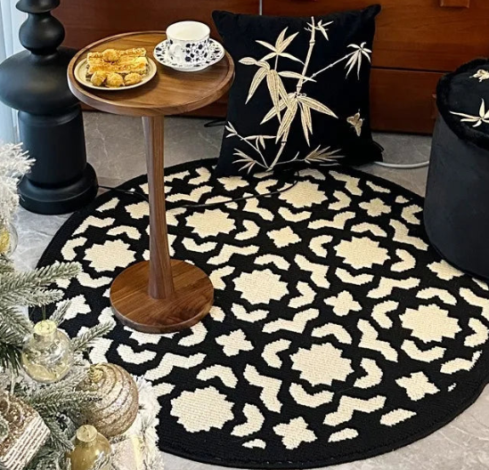 Minimalist Round Rug - Modern Geometric Black Border Carpet
