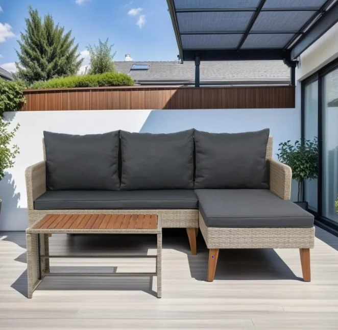 3-Piece Outdoor Patio Sectional Sofa Set - Grey Wicker with Dark Grey Cushions