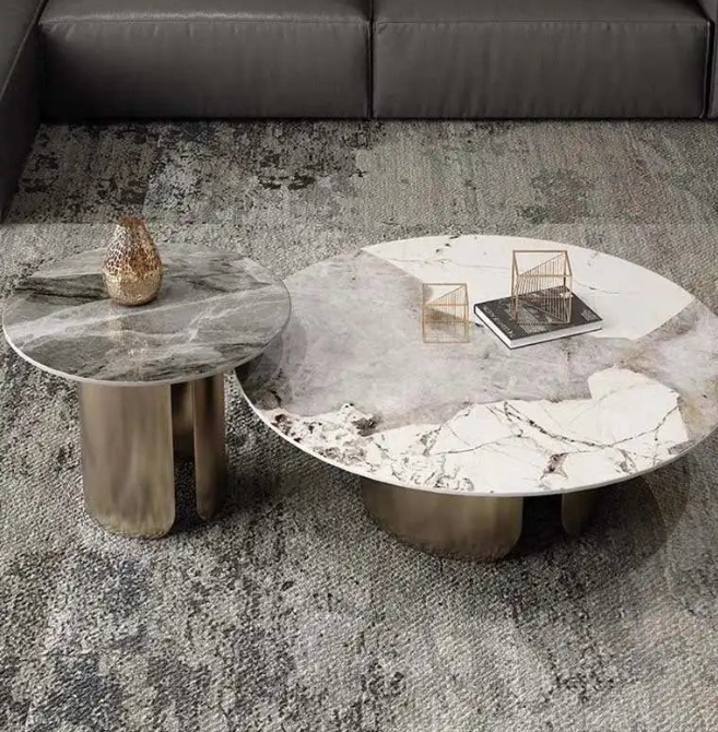 Nesting Coffee Table Set - White Marble Top with Gold Metal Base - 2 Sizes