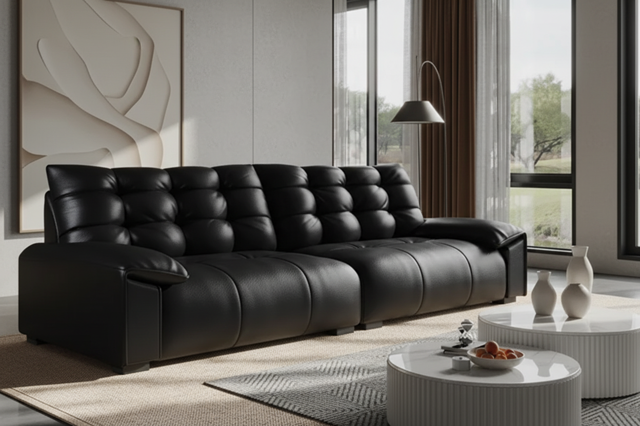 Sleek lounge with large neutral art