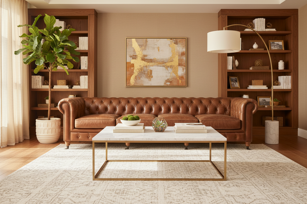 Tan Leather 4-Seat Chesterfield Sofa Luxurious Living Room